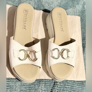 Women's Pitillos White & Silver Leather Slide Sandals size 40